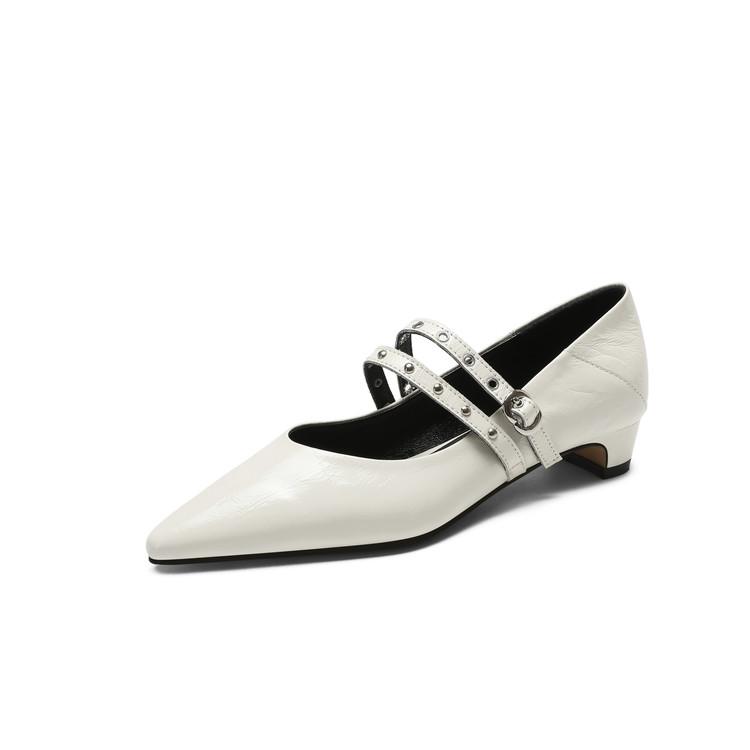 Fashion New Spring/summer Mary Jane Shoes Genuine Leather Shoes for Women Fashion Rivet Low Heels Pointed Toe Women Pumps Chunky Heels