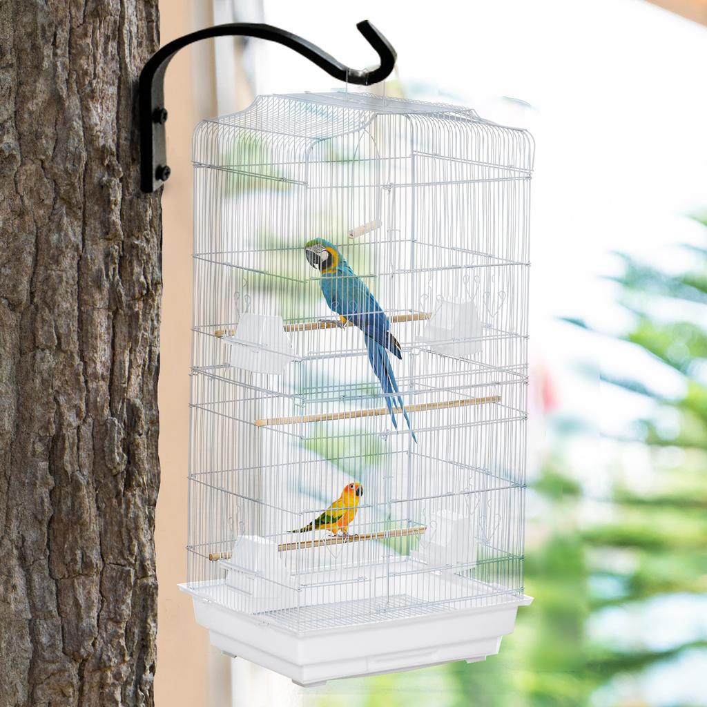 Portable Bird Cage with Handle, Removable Tray and Doors, Budgie Aviary with Wooden Perches, Swing and Food Bowls, 46.5x35.5x92cm, White