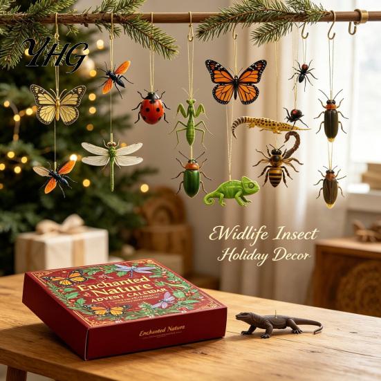 Natural Style Decor 24-Day Christmas Countdown Calendar Box with 24 Insect And Reptile Acrylic Ornaments, 2D Wild Animal Figurines Flat Pendants