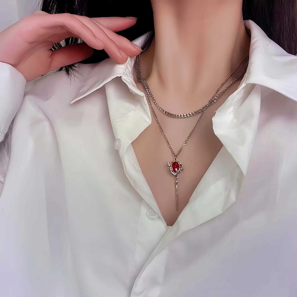Двухслойное ожерелье с подвеской в виде красной розы, многослойное ожерелье-цепочка с цветком и камнем, нерегулярное цветочное ожерелье для девочек