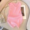 French Style Pink Tassel Knit Camisole & High Waist Wide-Leg Shorts for Women