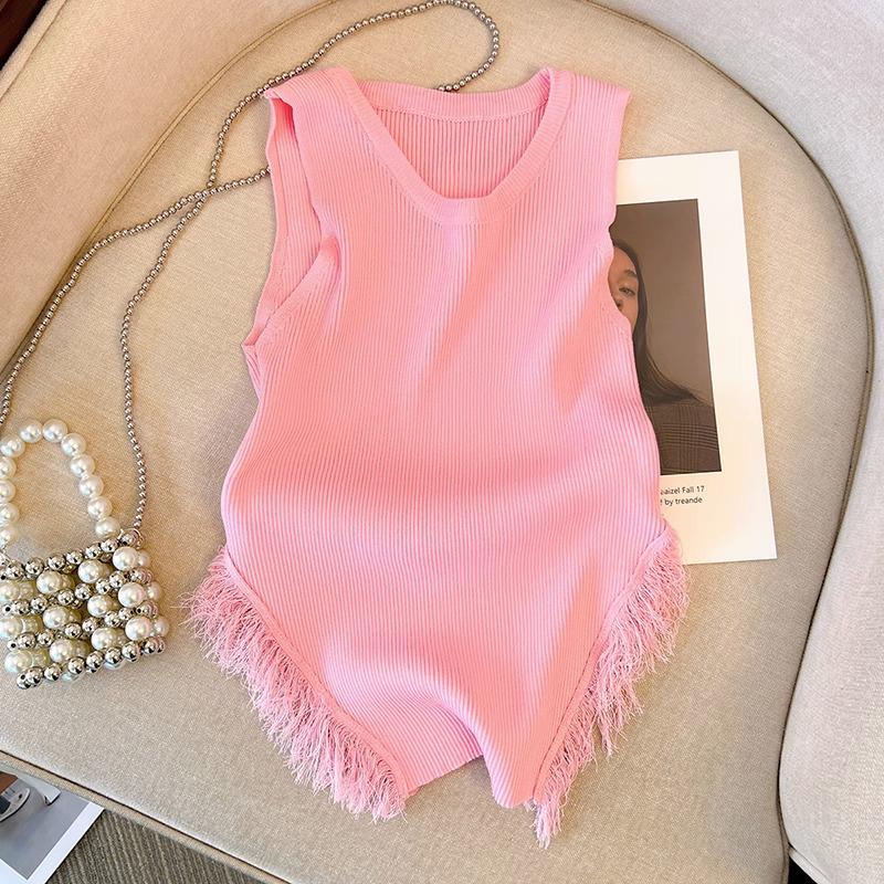 French Style Pink Tassel Knit Camisole & High Waist Wide-Leg Shorts for Women