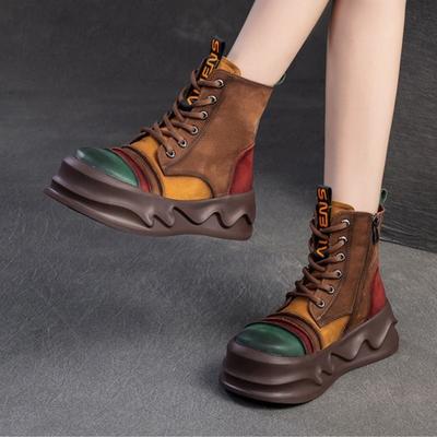 Сапоги до середины голени из натуральной кожи в стиле ретро с толстой подошвой, универсальная женская обувь