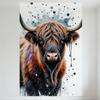 Artistic Highland Cow Watercolor Style Metal Tin Sign, Shaggy Brown Black Fur with Paint Splashes, Whimsical Abstract Wall Decor