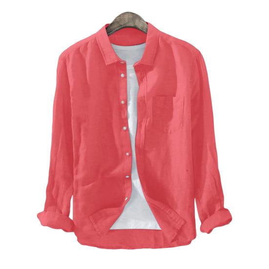 Men Autumn Shirt Solid Color Single-breasted Buttons Cardigan Long Sleeve Turn-down Collar Soft Wear-resistant Pocket Spring Shirt Daily Clothes