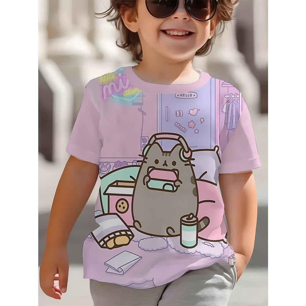 Новая летняя одежда для девочек, мультяшная милая футболка с графикой кошки, топы с коротким рукавом для девочек 4-6 лет, повседневная детская одежда