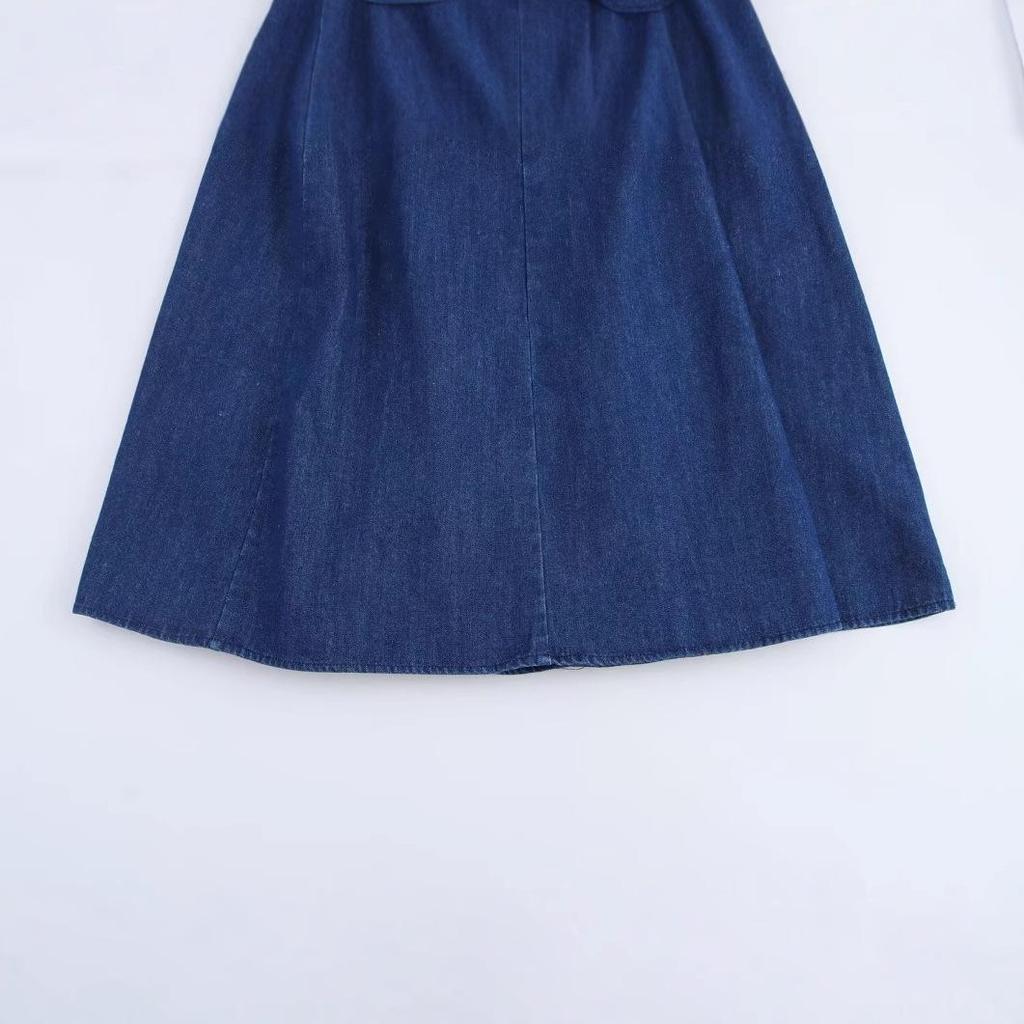 Весна 2025 Женское синее джинсовое платье без бретелей с открытыми плечами, длинное, с прямым вырезом и широким подолом