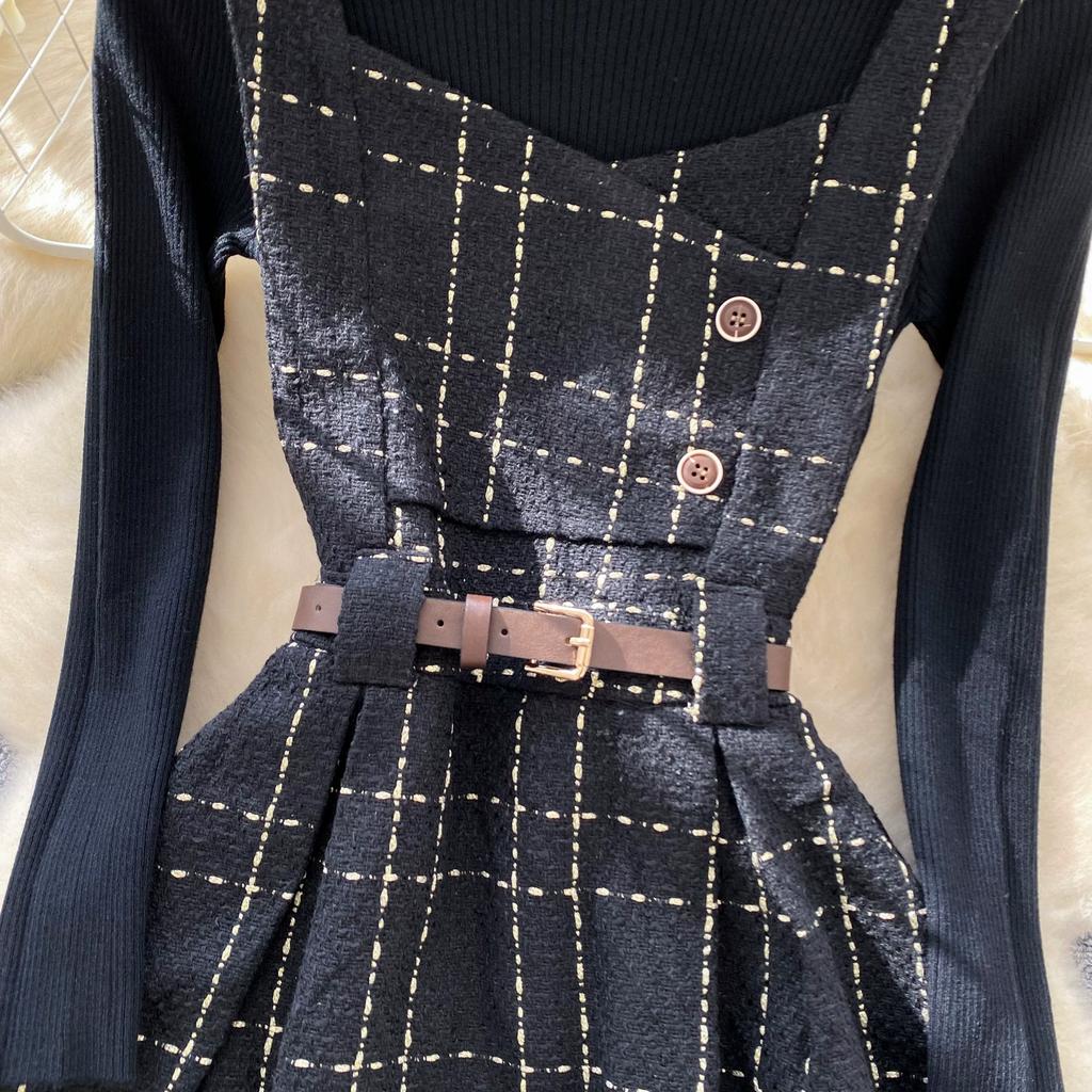 Осенне-зимний женский комплект свитер-платье, повседневный вязаный пуловер, топы + клетчатое твидовое платье, наряды из 2 предметов, женский с поясом