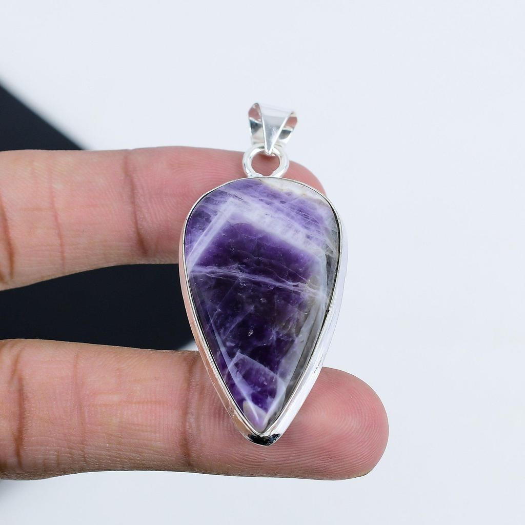 Chevron Amethyst Gemstone Silver Pendant In 925 Sterling Silver - Handmade Pear Design, Everyday Wear Jewelry Party Wear Gift