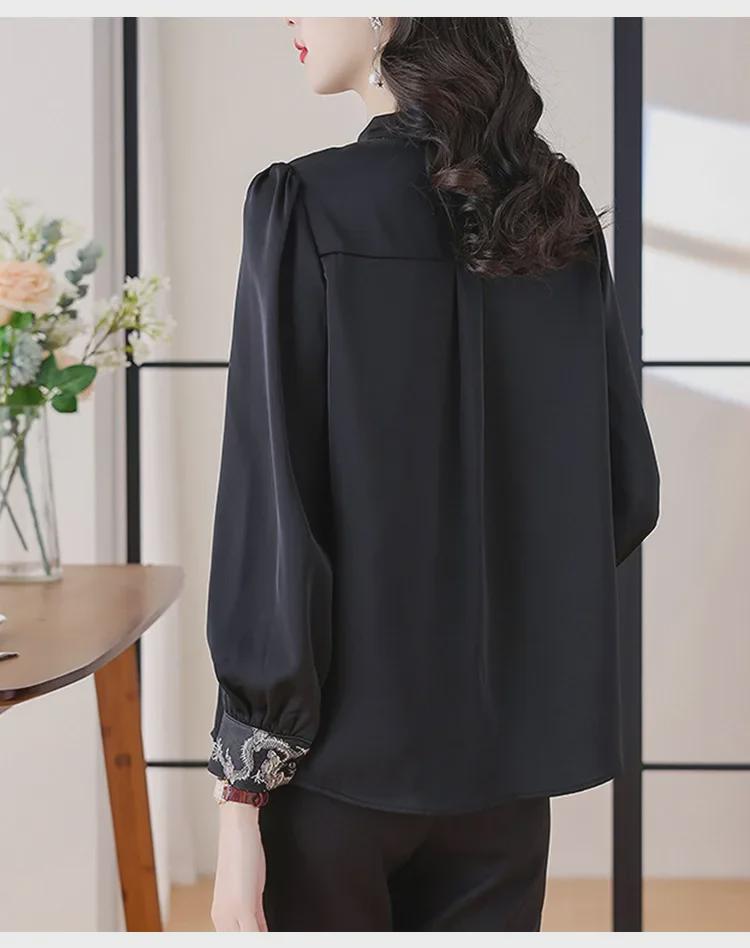 Women's Spring 2024 Satin Retro Long-Sleeve Shirt - Light National Style Top