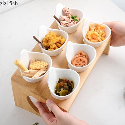 Керамическая миска для закусок с 6 отделениями, деревянная подставка, блюдо для закусок, дегустационная тарелка, фруктовница, десертные миски, блюдо для дим-самов, обеденные тарелки, посуда