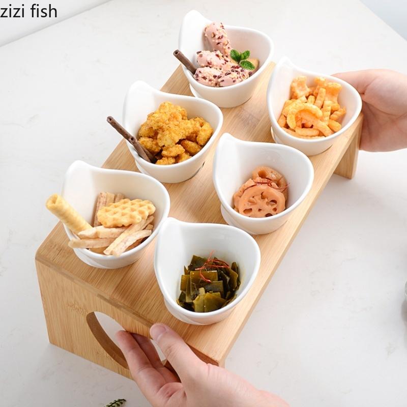 Керамическая миска для закусок с 6 отделениями, деревянная подставка, блюдо для закусок, дегустационная тарелка, фруктовница, десертные миски, блюдо для дим-самов, обеденные тарелки, посуда