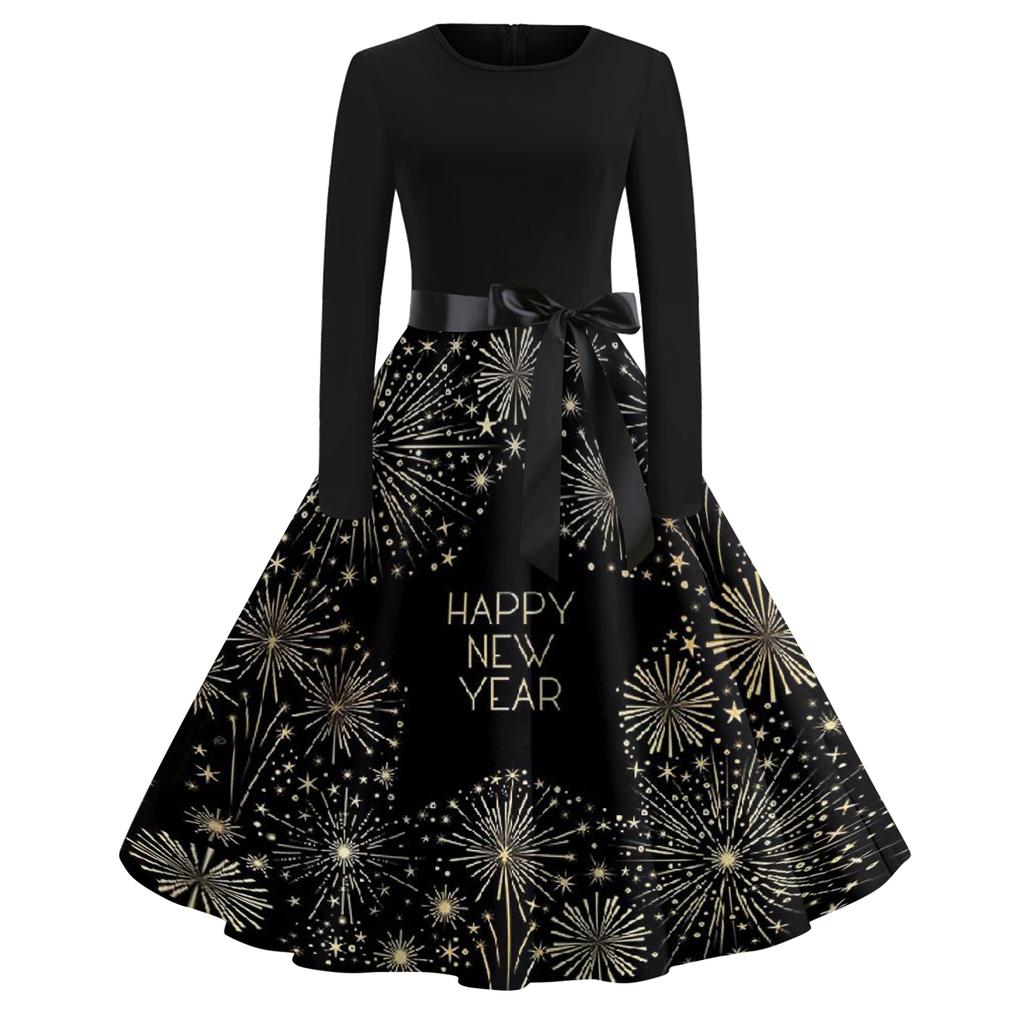 Женское повседневное модное платье с круглым вырезом и длинным рукавом с новогодним принтом в ретро-стиле