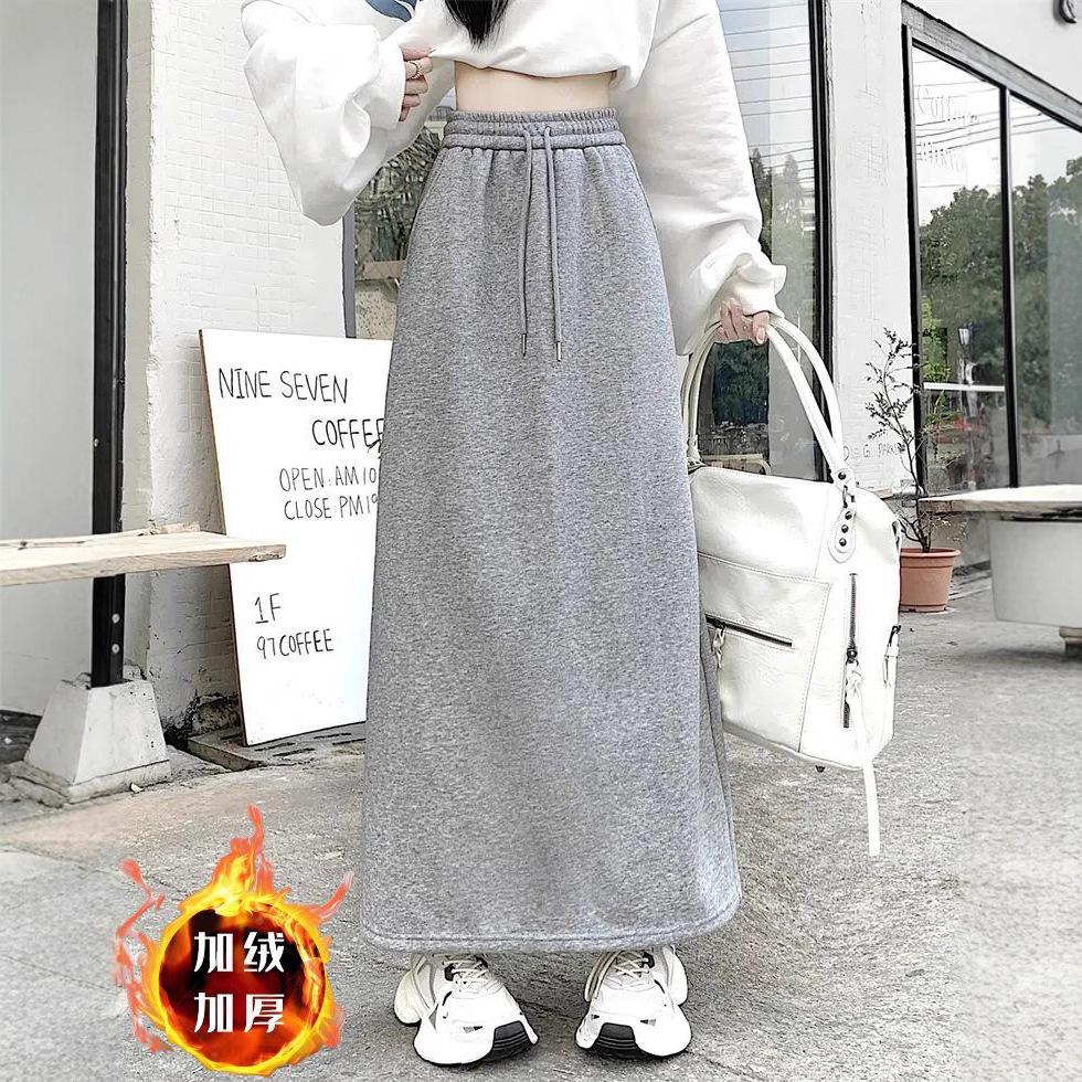 Прямая юбка на флисовой подкладке Женская Осенне-зимняя с высокой талией А-силуэта Карандаш Миди с разрезом Облегающая