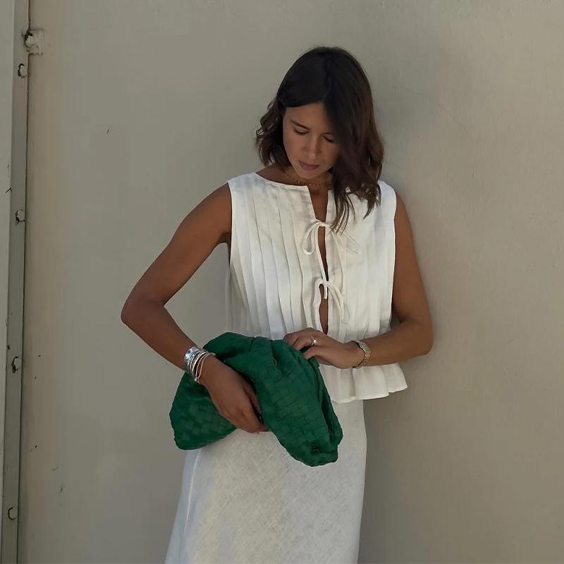 Белый жилет из хлопка и льна, плиссированный короткий топ со шнуровкой, женский, с круглым вырезом, без рукавов, с оборками, топы для отпуска и пляжа, лето