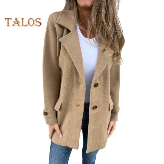 Женское шерстяное пальто с лацканами, длинный рукав, однобортное, средней длины, с боковыми карманами, однотонное, в стиле коммутации, верхняя одежда