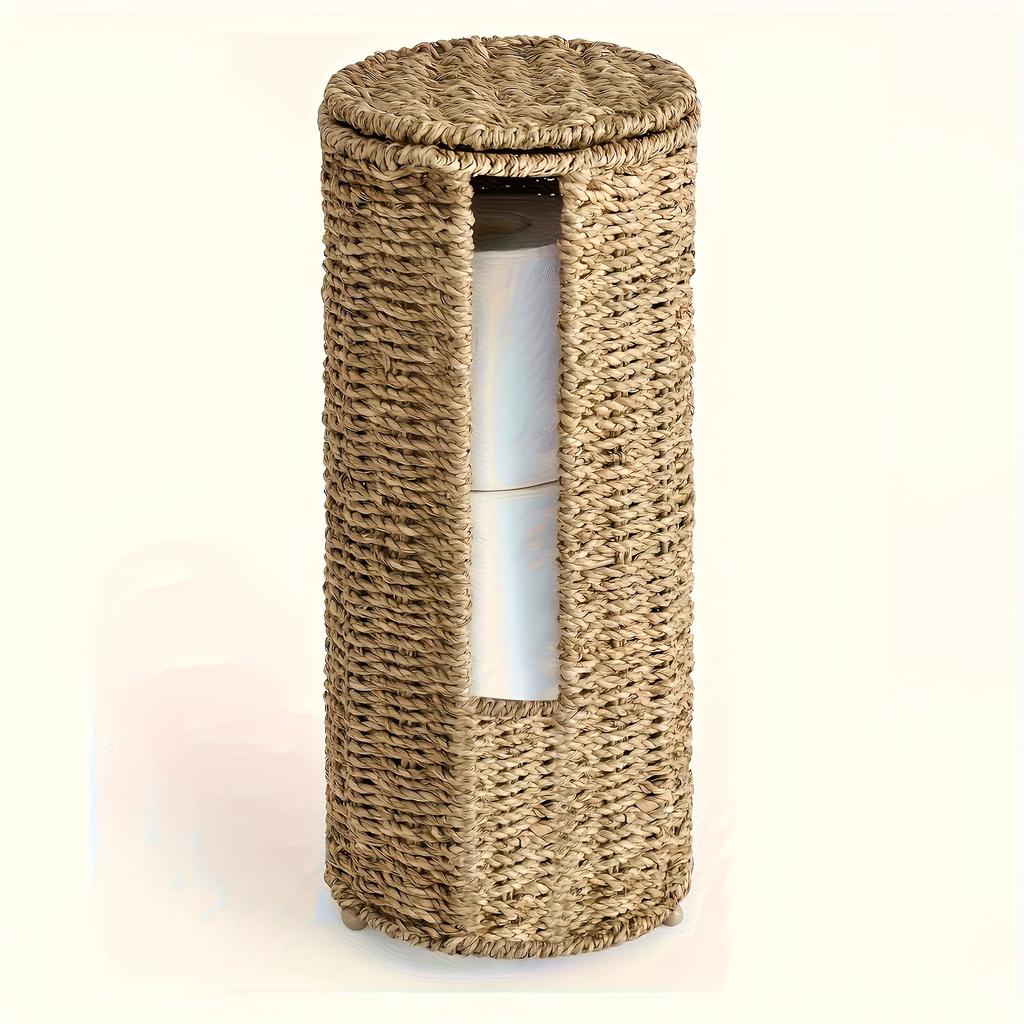 Rustic Woven Iron Toilet Paper Holder - Freestanding 3-Roll Tissue Storage Organizer Natural Wicker Functional Bathroom Decor
