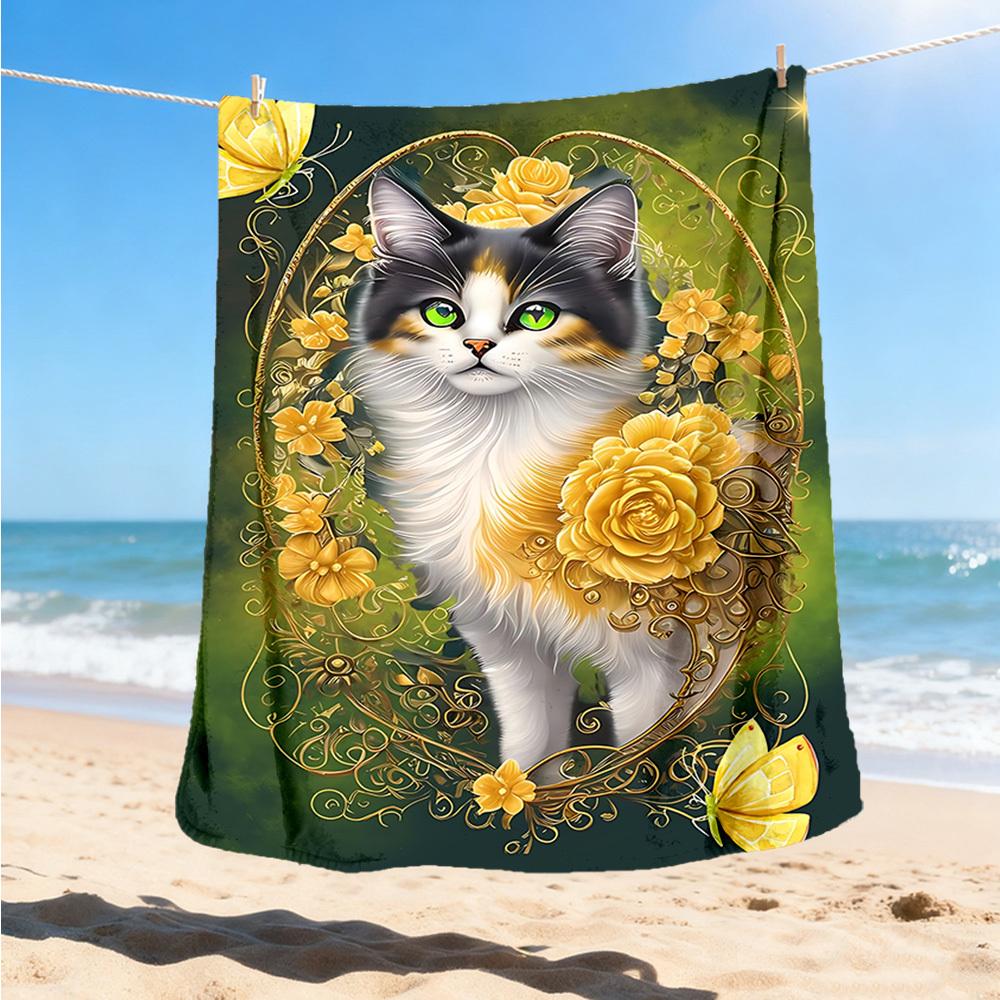 1pc Cat, Flowers Outdoor Personalized Flannel Blanket, Soft, Lightweight Personalized Flannel Blanket, Digital Printing,