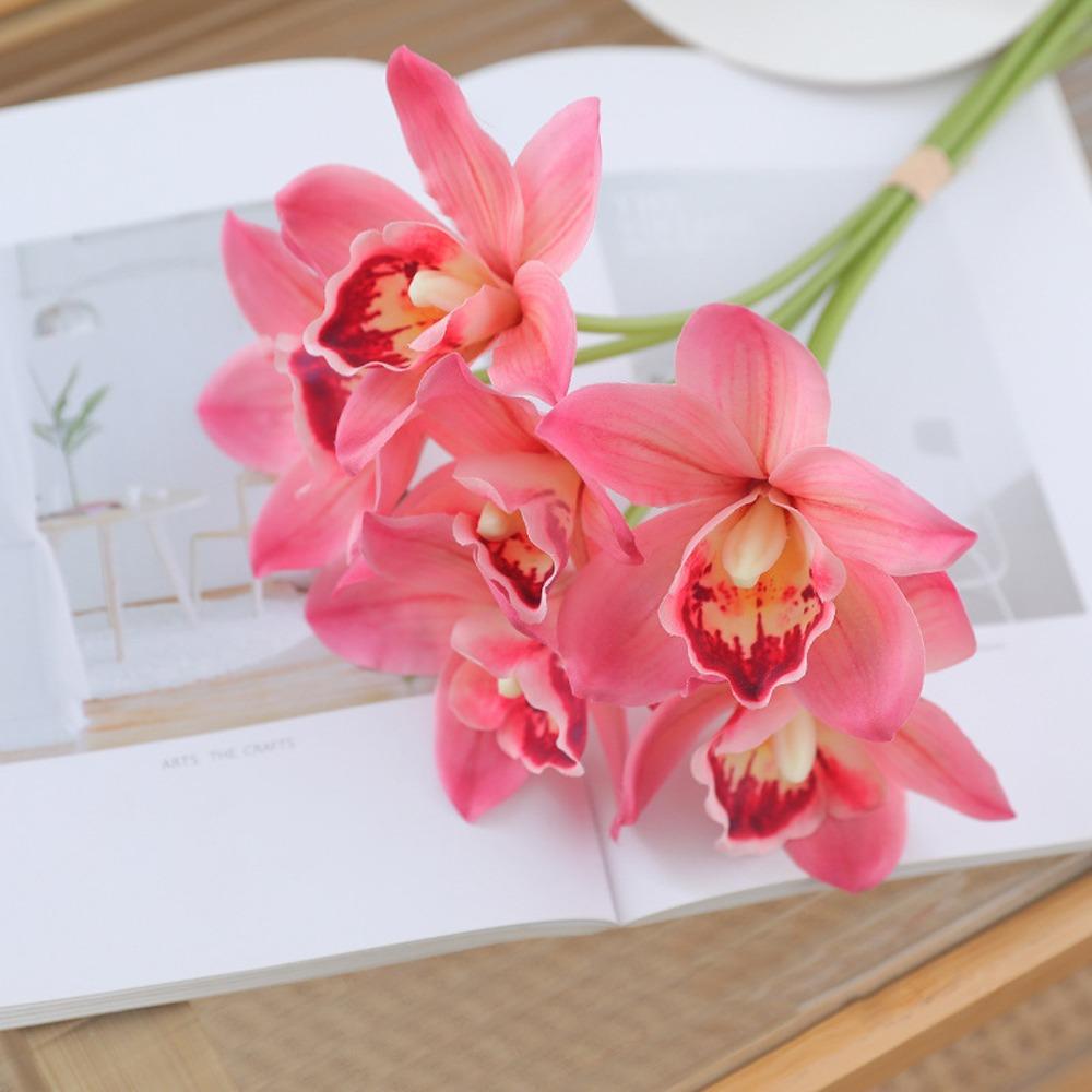6pcs Realistic Artificial Cymbidium Flowers Real Touch Fake Flower  Outdoor Garden Decor