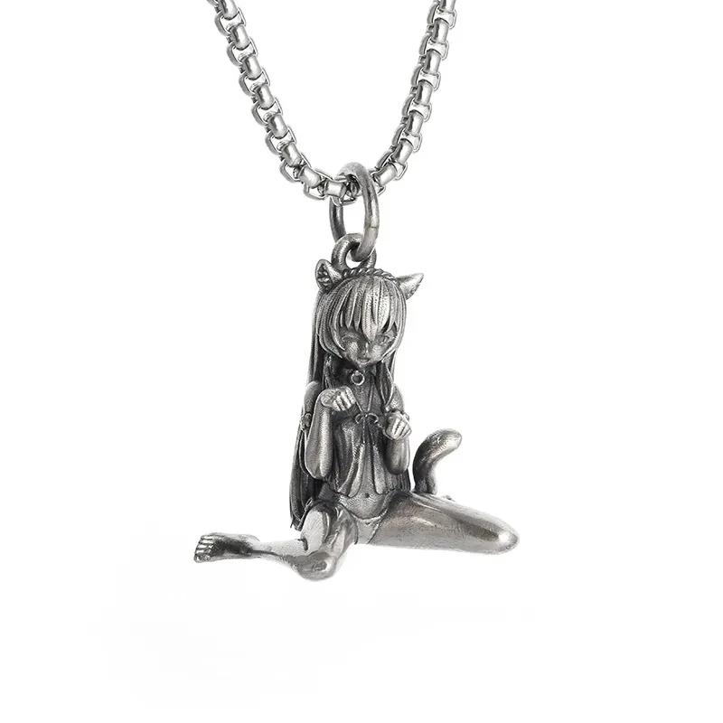 Retro Silver Plated Cute Pet Cat Wings Animal Pendant Necklace for Men Women Personalized Fashion Jewelry Couple Gifts