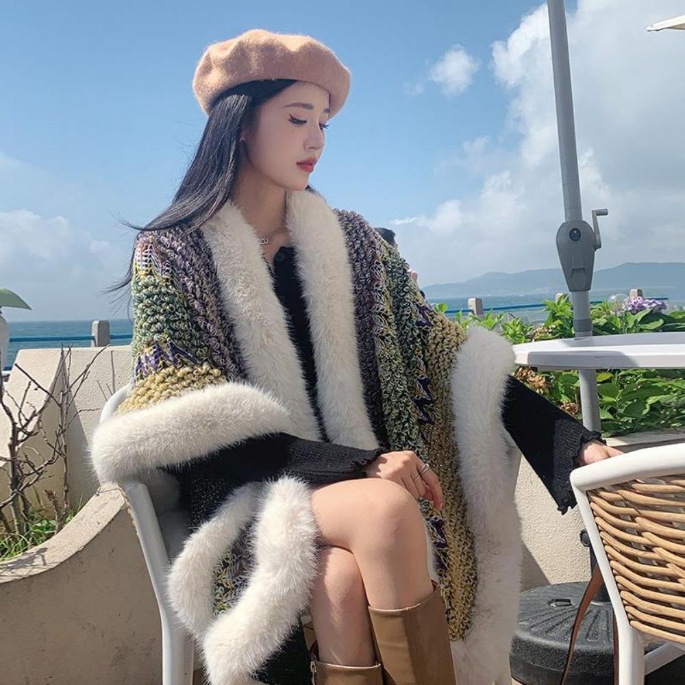 Этнический стиль большой меховой воротник шаль с женской дорожной одеждой осень и зима теплая вязаная куртка накидка шаль прилив