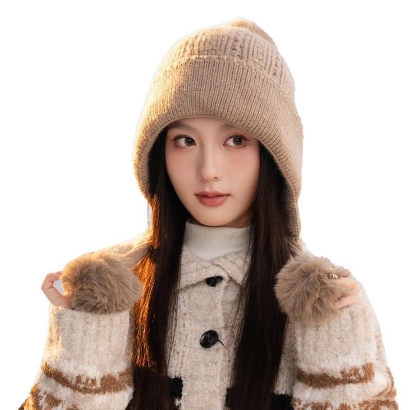 Premium Hairball Knitted Hat Winter Hat Women's Plush Versatile Wool Hat Rabbit Hair Ear Protector Warm Hat