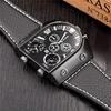Men's Leather Band Analog Watch, Square Face, Leather Strap, Made In Japan, Black