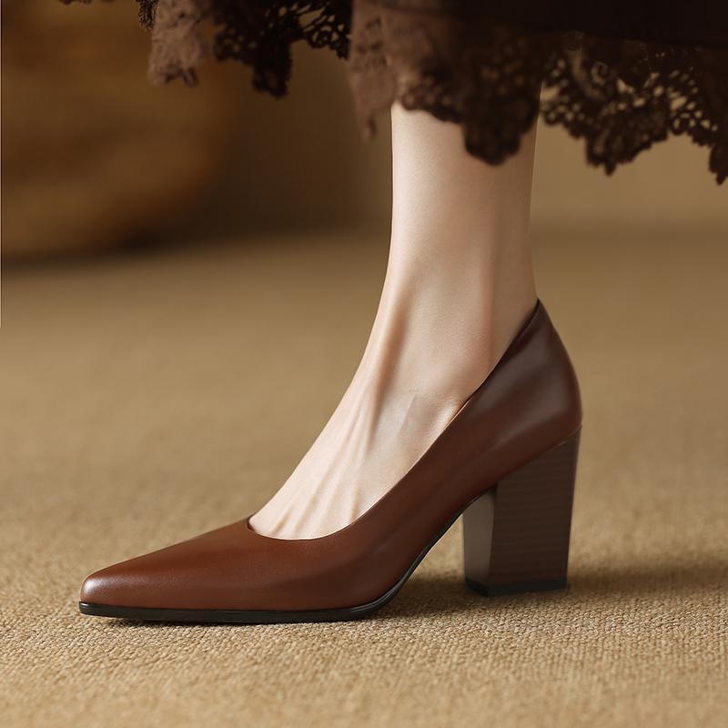 Fashion 2025 New Genuine Leather Pointed Toe Thick High Heels Spring Shoes Grace Wedding Mature Shallow Slip On Comfortable Women Shoes