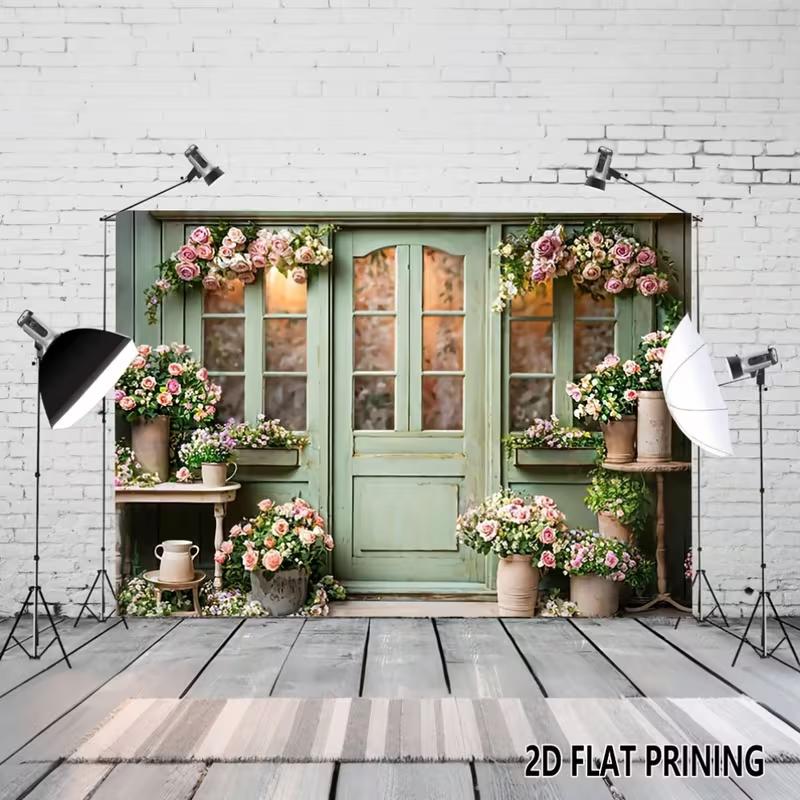 2D Floral Doorway Backdrop, Vintage Flower Shop with Potted Roses Background