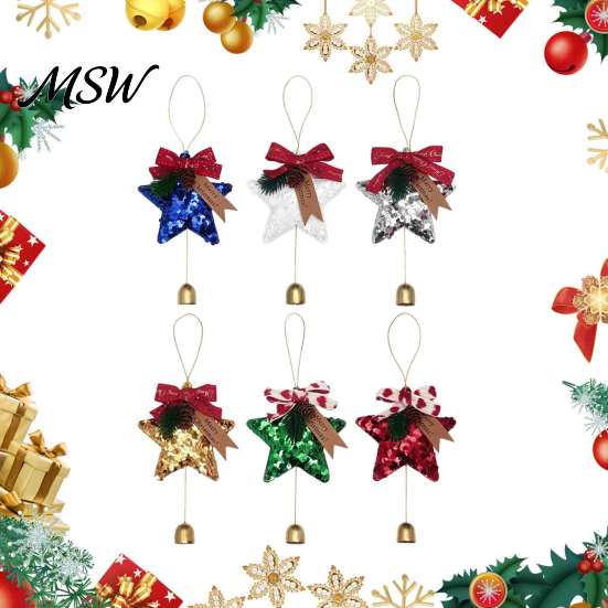 Sparkly Party Decorations Glitter Star Bell Ornaments, Sequin Hanging Decoration with Bow Pine Reusable Holiday Ornaments Cone, Christmas Tree Pendant