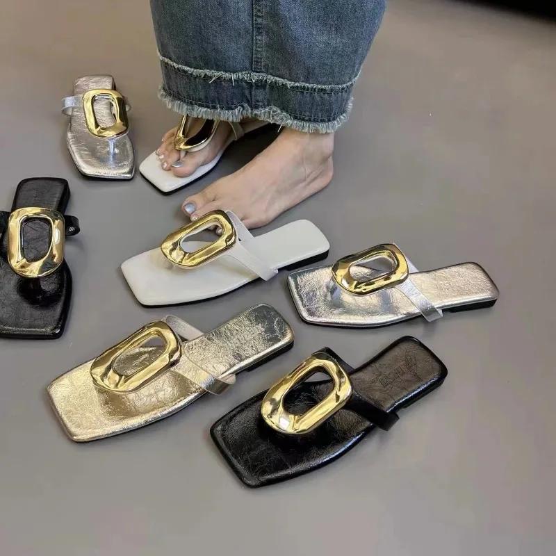 Fashion Ladies Shoes New Square Toe Women's Slippers Summer Metal Decoration Pinch Toe Solid Outdoor Casual Flat Comfortable Slippers