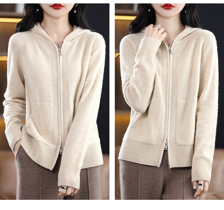 Женский вязаный кардиган на молнии с капюшоном - Длинный рукав, Универсальный, Свободный крой, Новинка моды Весна и Осень 2024