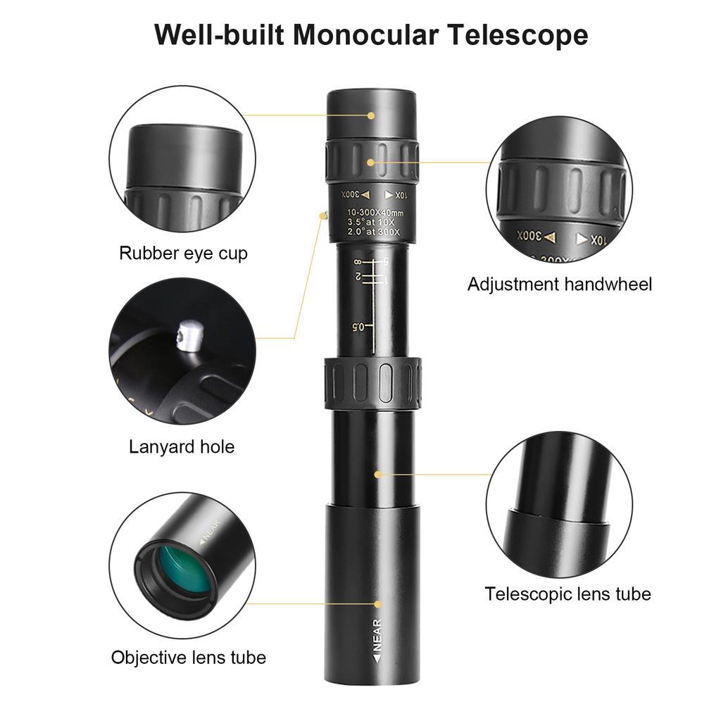 10X-300X Mini Monocular Telescope BAK4 Prisms Life Water-resistant with Phone Holder Mini Tripod