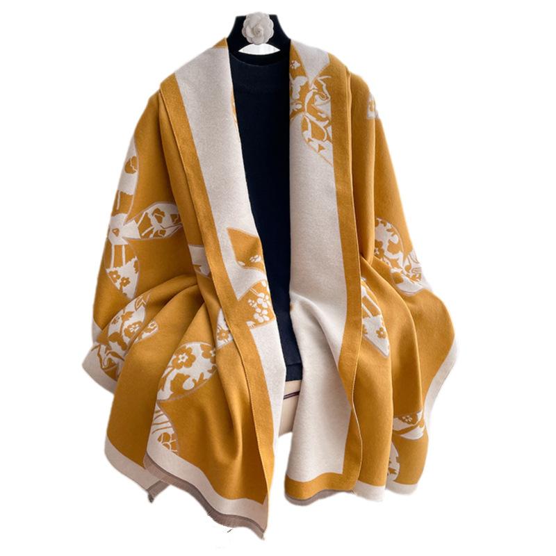 Double-Sided Flower Print Scarf Femininity Thickened High-End Warm Office Shawl Cape
