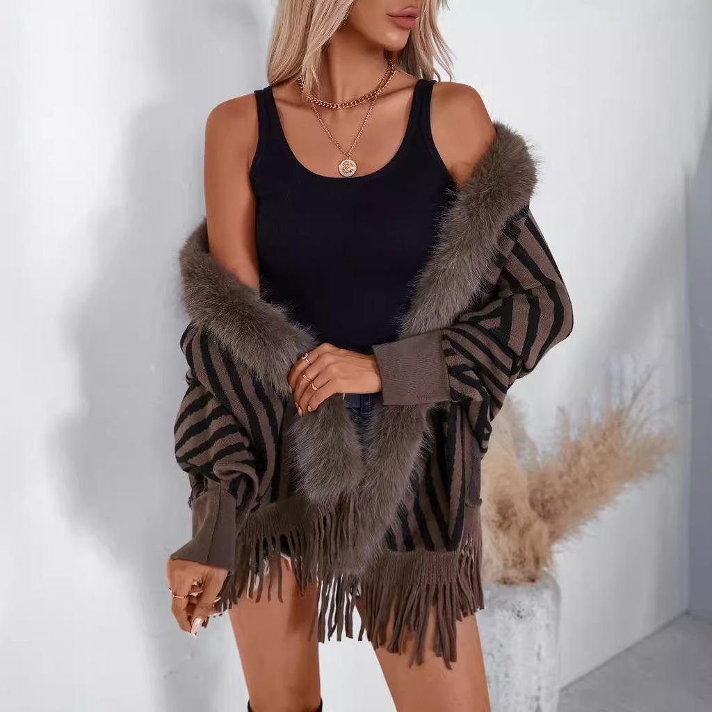 Women's Autumn and Winter Large-size Shawls Fashionable Striped Knitted Wool Collar Cardigan Loose Sweater Cape 5 Colors