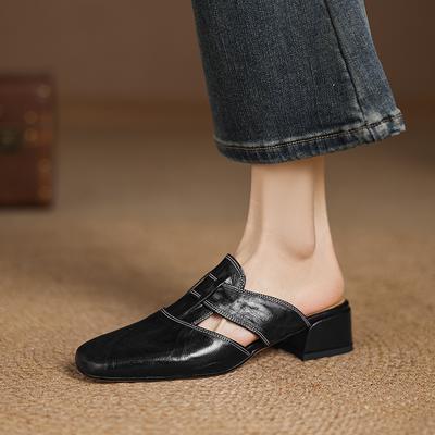 Модные НОВЫЕ Летние Женские Мюли из Натуральной Кожи, Туфли для Женщин, Закрытый Носок, Массивный Каблук, Шлепанцы, Острый Носок, Слингбэк, Цветок, Черные Сандалии