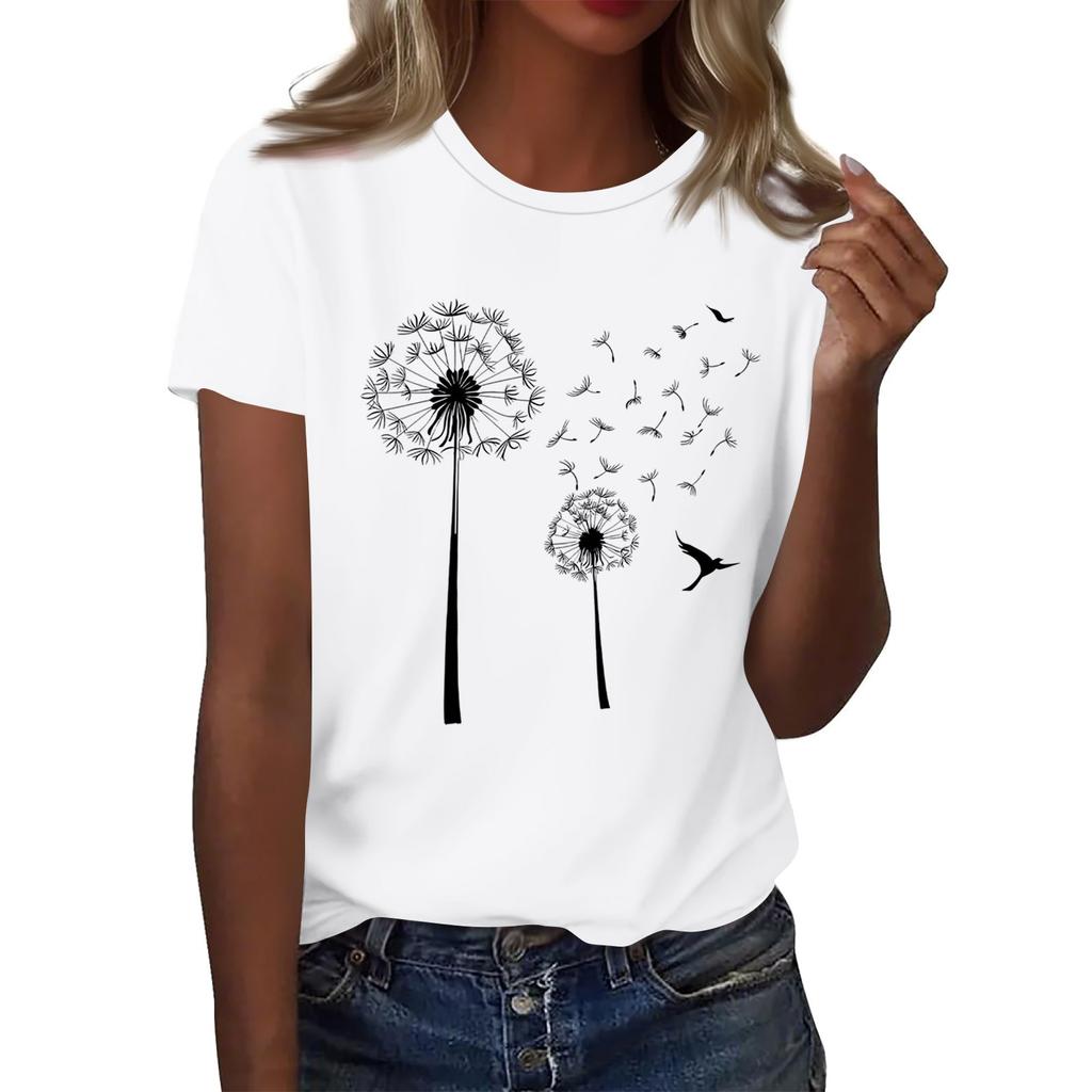 Women's Fashion Casual Printed Round Neck Short Sleeved T-Shirt Top T-Shirt Top Top