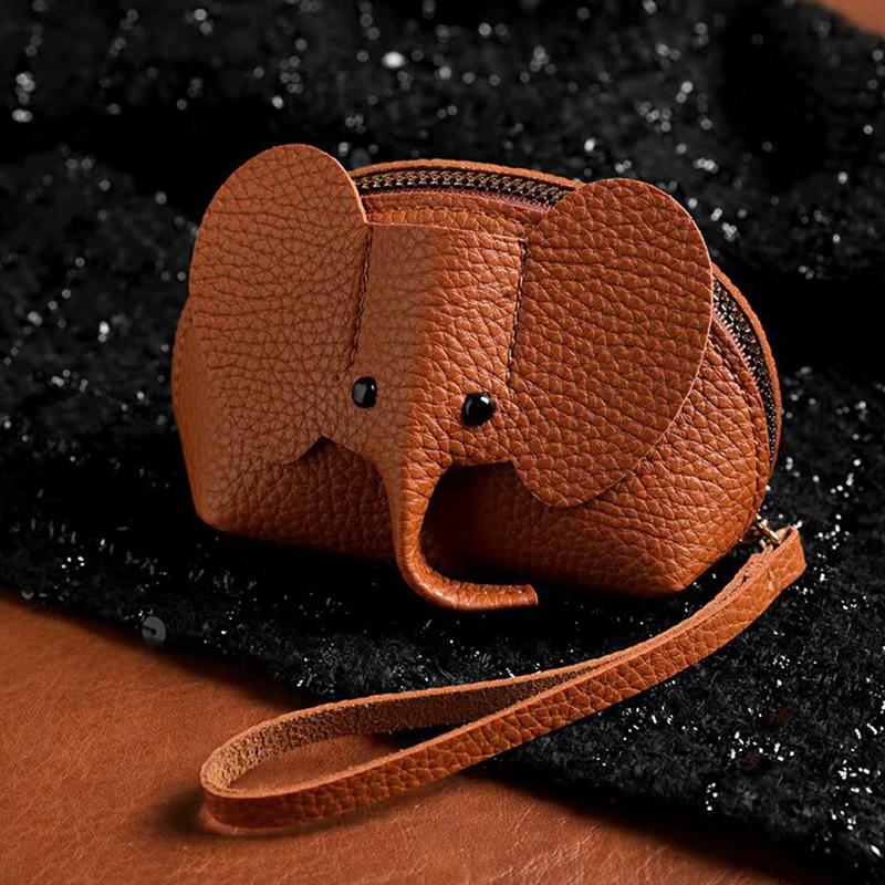 Exquisite Elephant Print PU Leather Money Bag for Women; Coin Purse with Key Ring and Zipper Pocket