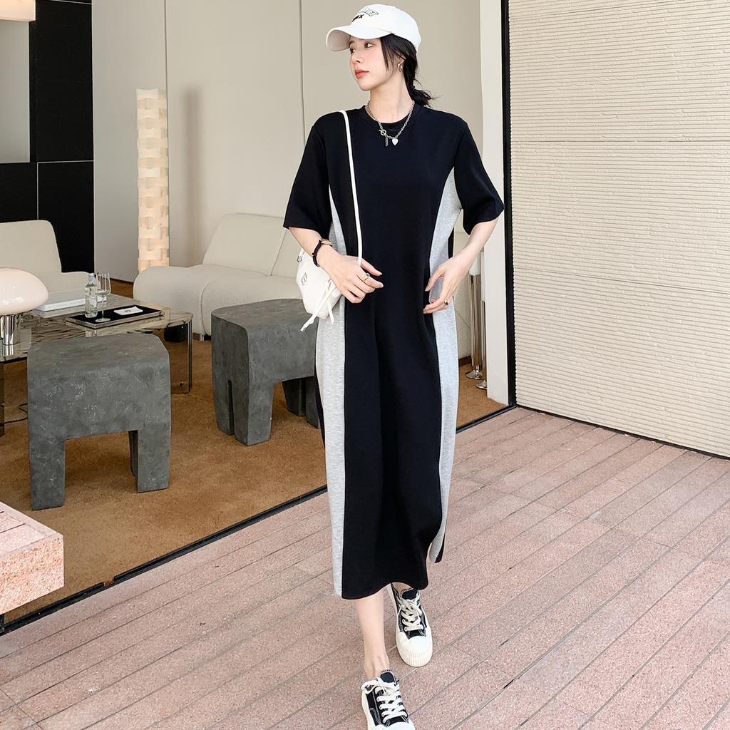 Dimanaf 2023 Plus Size T-Shirt Dress Summer Women Cotton Dress Loose Beach Casual Female Mesh O-Neck Striped Print Short Sleeve Thin Long Dress