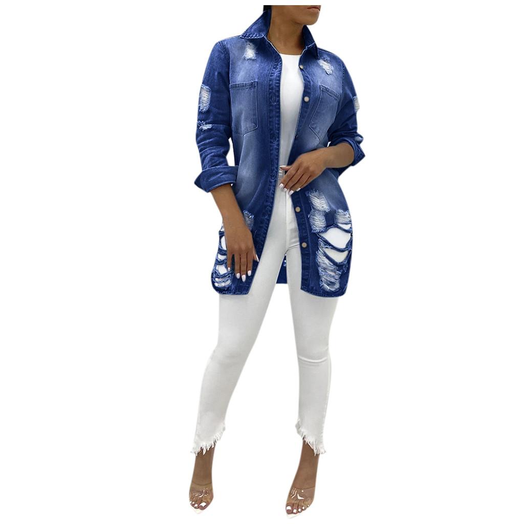 Women Casual Fashion Denim Jacket Long Jean Denim Jacket with Holes Showing Thin