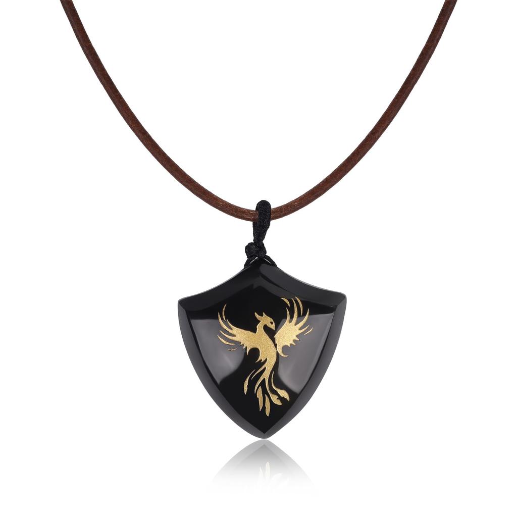 Phoenix Obsidian Shield Amulet Necklace for Men and Women [Coai]