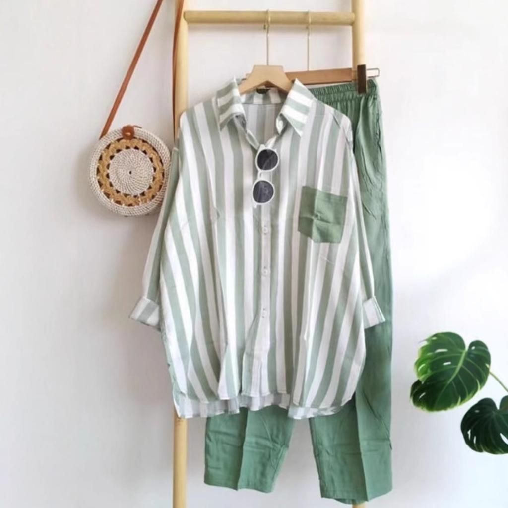 Женский летний свободный костюм для поездок на работу больших размеров, повседневная рубашка в полоску + брюки, тонкий удобный комплект из двух предметов
