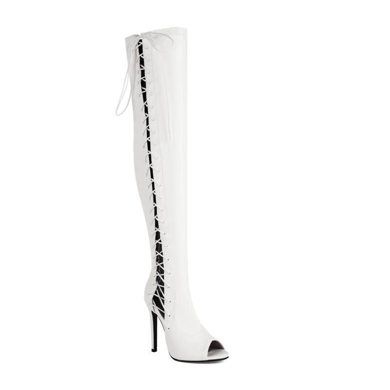 Женские сапоги выше колена, сексуальные, с открытым носком, с перекрестными шнурками, весенние, черные, красные, белые, высокие, длинные, для вечеринок, женские