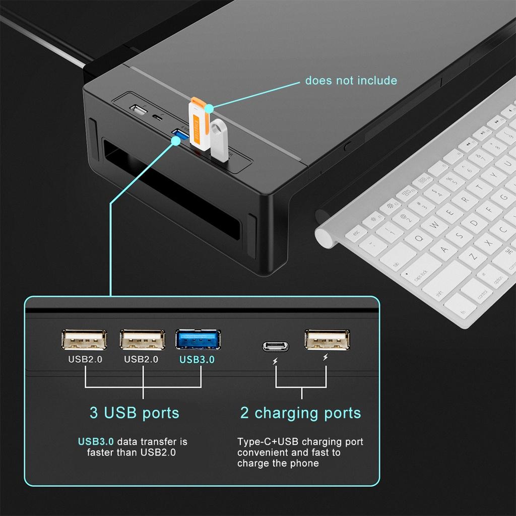 Подставка для монитора ABS RGB, стойка для стола с тремя USB3.0 клавиатурой, мышью, полкой для хранения, подставкой для экрана с ящиком для зарядного кабеля, держателем для телефона, черная