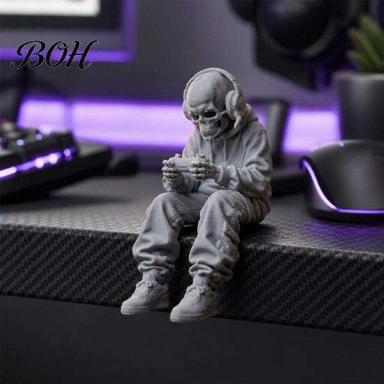 Durable Skull Figurine 3D Printed Sitting Skeleton Statue, Halloween Indoor Decor Figurines, Mini Detailed Model Home for Living Room Table