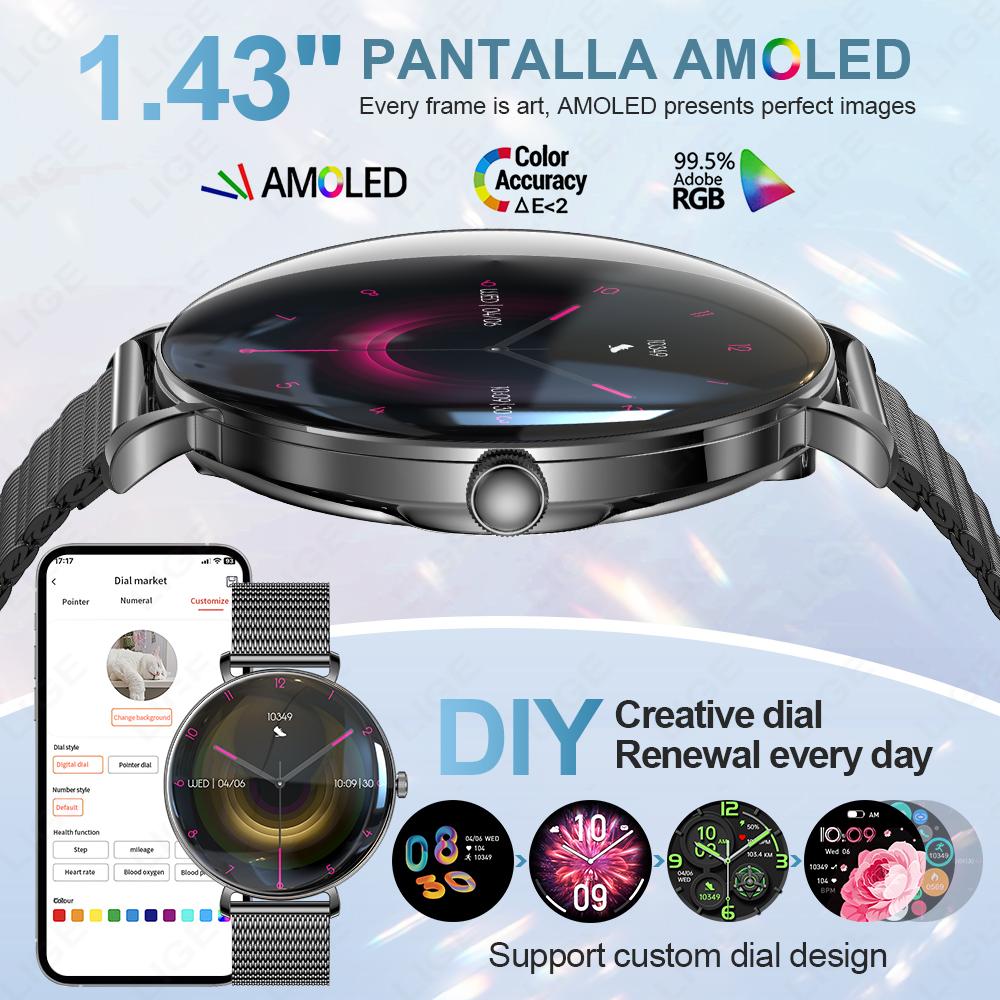 Новые ультратонкие умные часы 1,43" AMOLED 466*466 HD Дисплей Всегда показывают время Пульс Bluetooth-звонок Умные часы Мужские Женские