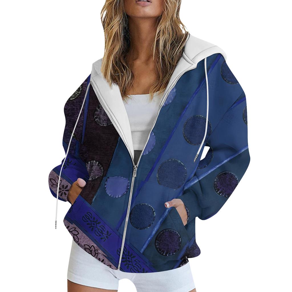 Women's Long Sleeve Print Sweatshirt Long Sleeve Pocket Jacket Zipper Hoodie Coat