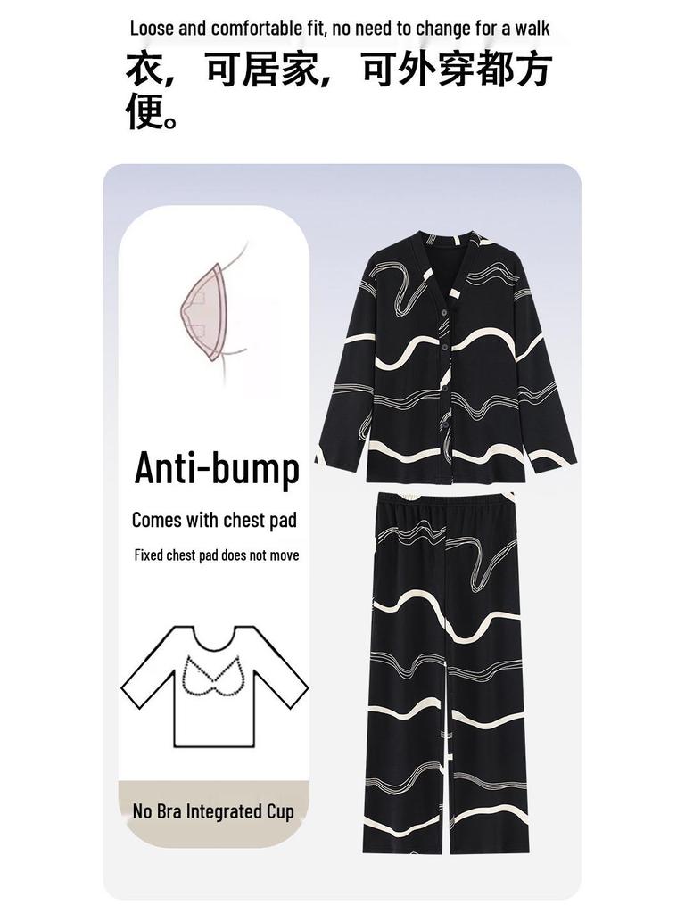 Женский пижамный комплект из хлопка с ретро-принтом - Кардиган с V-образным вырезом, Свободный крой, Удобный корейский стиль, Весна/Осень.