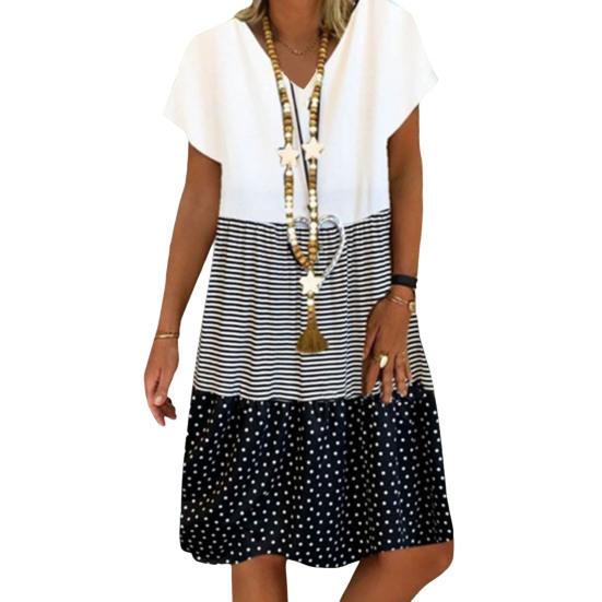 Женское летнее платье с цветными блоками и V-образным вырезом, короткими рукавами, свободным цифровым принтом, плиссированное платье-трапеция для свиданий, на каждый день