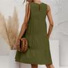 Summer Plus Women's Round Neck Sleeveless Patchwork Solid Color Loose Cotton Linen Dress